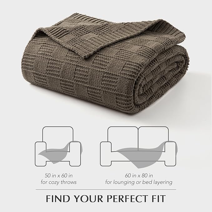 EVERGRACEHOME Modern Checkered Chenille Throw Blanket, Soft Cozy Plaid Knitted Blanket for Sofa & Couch, Decorative Knit Throw for Bed and Living Room, Mocha Brown, 60" x 80"