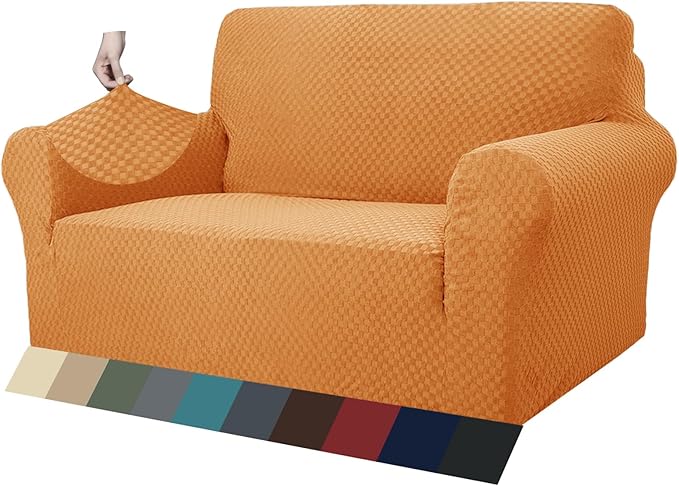 ZNSAYOTX 1 Piece Jacquard Couch Covers for 2 Cushion Couch High Stretch Loveseat Slipcover for Pets Dogs Anti Slip Love Seat Sofa Slipcover Furniture Protector (Medium, Orange)