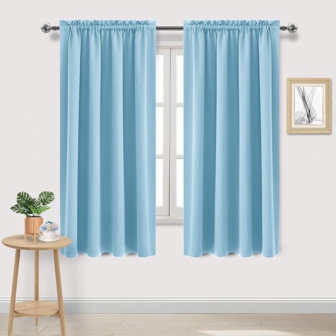 DWCN Blackout Curtains Room Darkening Thermal Insulated Bedroom Curtains Window Curtain Panels, 52 x 63 inches Long, Set of 2 Light Blue Rod Pocket Drapes