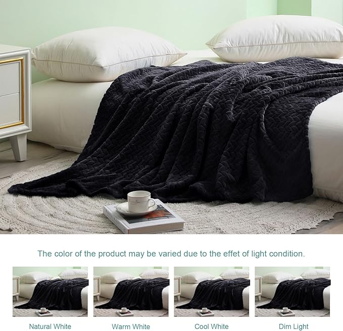 Exclusivo Mezcla Fleece Twin Size Blanket for Bed, 60x80 Inches Soft Cozy Jacquard Flannel Blankets, Lightweight Fuzzy Plush Warm for Women, Black