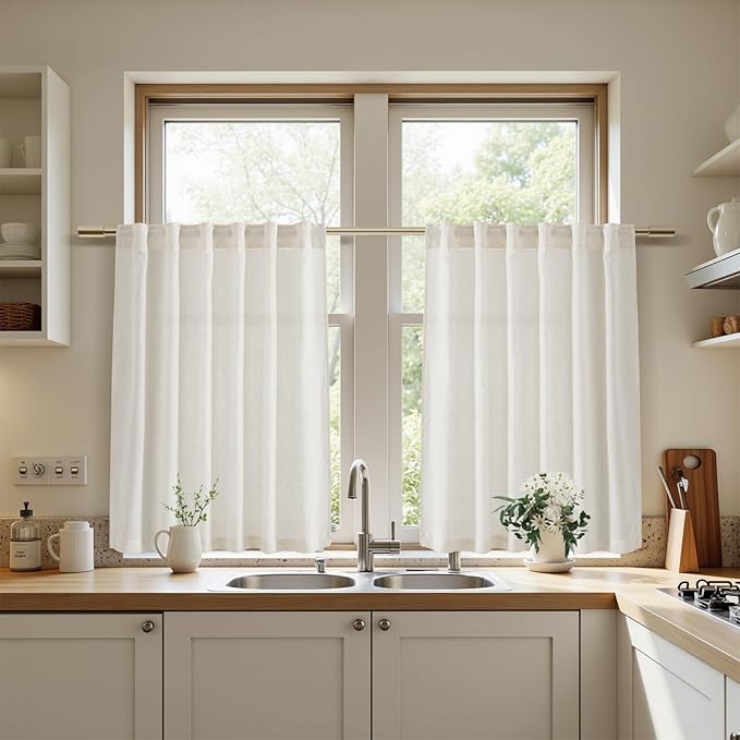Nanspring Cafe Linen Curtains 30 Inch Length for Kitchen Windows Over Sink, Cream Natural Semi Sheer Light Filtering Back Tab and Rod Pocket Drapes for Small Window 34 x 30 Inch,2 Panels