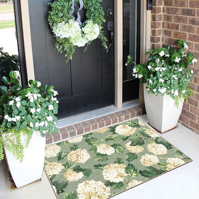 Front Door Mat Outside Entrance - 2x3 Spring Non-Slip Washable Doormat Indoor Outdoor Entrance Sage Green Beige Floral Rug Small Throw Rugs for Entryway Bedroom Kitchen Front Porch Decor