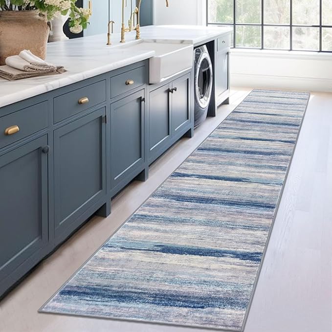 KOZYFLY Modern Abstract Hallway Runner, 2x12 Washable Rug Runner Non-Slip Soft Striped Kitchen Runner Rug, Blue/Grey/Beige Print Carpet for Entryway Bathroom Laundry Room Foyer