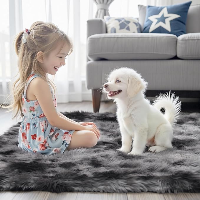 Super Soft Shaggy Area Rugs for Bedroom 4x6 Feet, Shaggy Plush Living Room Shag Furry Floor Rugs, Non-Shedding Indoor Rugs for Living Room Decor(4 x 6, Dark Grey Tie-Dyed)