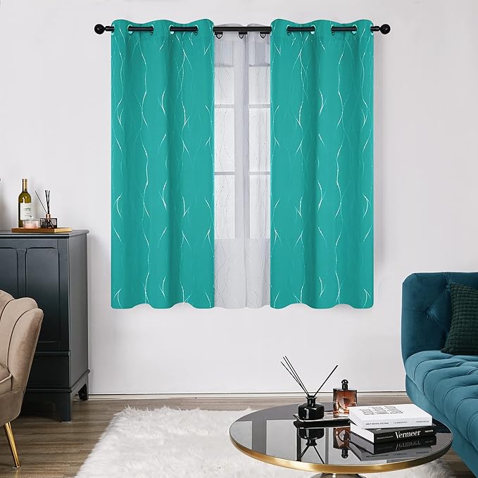 Deconovo Blackout Curtains, Thermal Insulated Soundproof Grommet Drapes, Wave Dots Silver Print, 42 x 54 Inch, Set of 2, Machine Washable Panels for Kitchen Bedroom Living Room Nursery, Turquoise