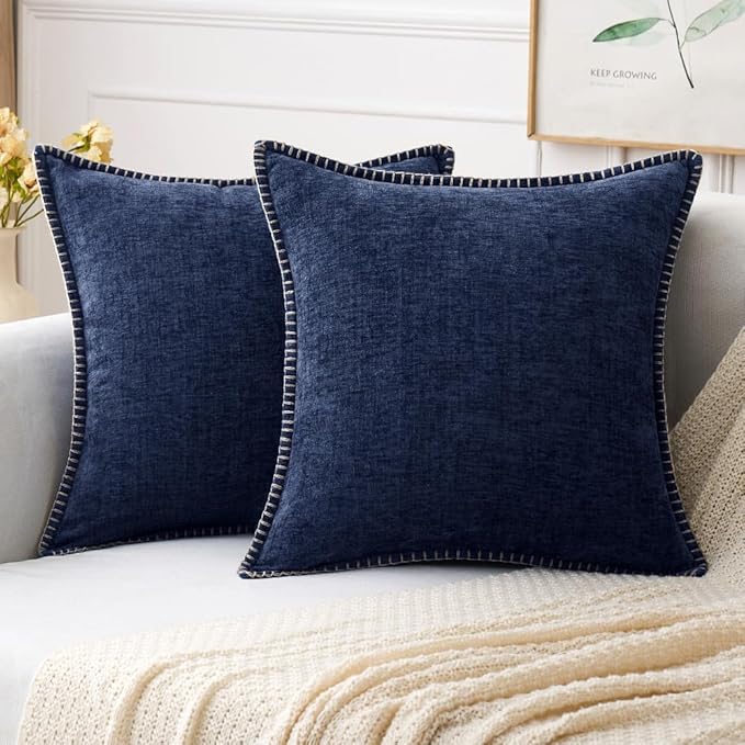 MIULEE Pack of 2 Couch Throw Pillow Covers 18x18 Inch Navy Blue Farmhouse Decorative Pillow Covers with Stitched Edge Soft Chenille Solid Dyed Spring Pillow Covers for Sofa Bed Living Room