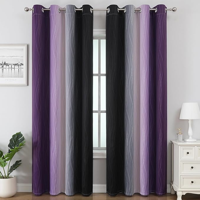 Estelar Textiler Purple and Black Ombre Blackout Curtains 108 Inch Length 2 Panels Set, Thermal Insulated Drapes for Bedroom,Full Room Darkening Grommet Gradient Curtains for Living Room,52Wx108L