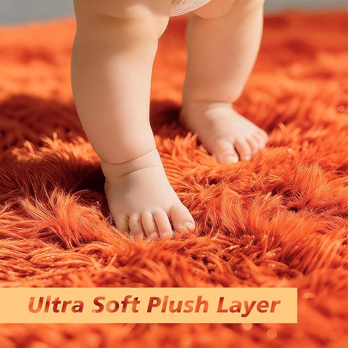 Orange Fluffy Round Rug,Soft Area Rugs for Girls Room,Shaggy Rugs 3'X3' for Living Room,Non Slip Circle Rug for Kids Bedroom,Shag Plush Nursery Carpets,Fuzzy Plush Rug for Dorm,Cute Room Decor Carpet