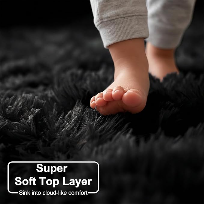 Black Round Rug 6Ft for Bedroom Aesthetic, Fluffy Plush Circle Area Rugs for Living Room, Large Big Fuzzy Modern Cool Carpet for Baby Kids Teen Boys Mens, Office Playroom Nursery Apartment Home Decor