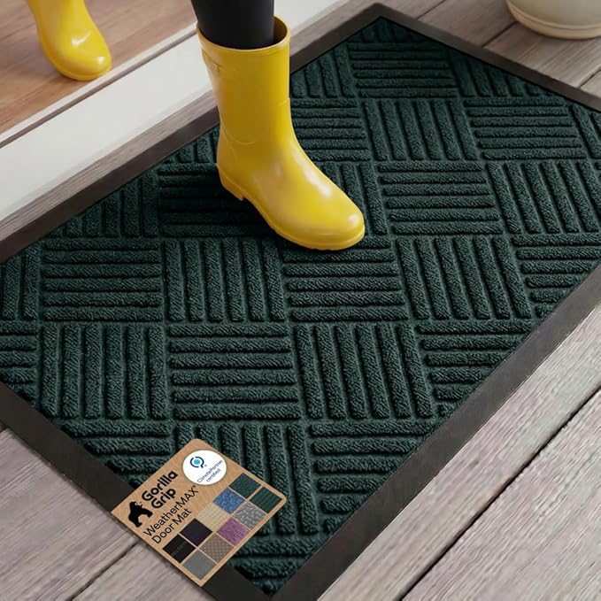GORILLA GRIP 100% Waterproof All-Season WeatherMAX Doormat US Designed Natural Rubber, Stain and Fade Resistant, Low Profile Indoor Outdoor Door Mats, Easy Clean Patio Mat, 23x35, Green Diamond