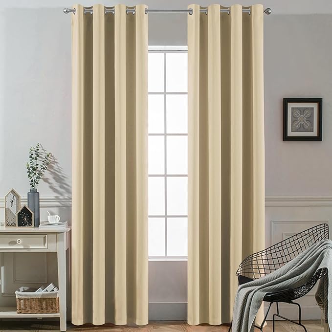 Yakamok Blackout Curtains Room Darkening Thermal Insulated Window Panels,Solid Grommet Top Drapes for Bedroom/Living Room(52Wx90L, Beige, 2 Panels)
