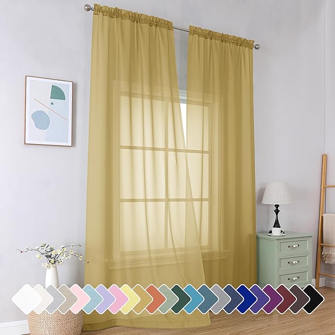 Simplebrand Gold Sheer Curtains 96 Inches Long 2 Panels, Light Filtering Rod Pocket Solid Color Window Sheer Curtain Panels, Elegant Curtains & Drapes for Living Room, Bedroom, 42" W x 96" L