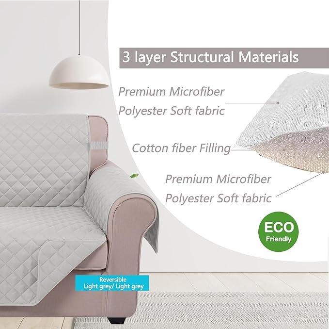 U-NICE HOME Reversible Sofa Cover Couch Cover for Dogs with Elastic Straps Water Resistant Furniture Protector for Pets Couch Cover for 3 Cushion Couch (Sofa, Light Grey/Light Grey)