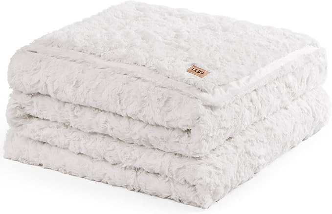 UGG Adalee Faux Fur Full/Queen Blanket for Bed, Soft Fuzzy Blanket, Warm Large Throw for Couch, Washable Full or Queen Bedding, Luxury Bedroom Decor, 90" x 90", Natural White