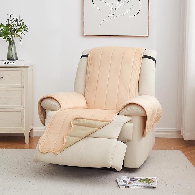 Great Bay Home Velvet Recliner Cover - Washable Slipcover Furniture Protector with Elastic Straps - Furniture Cover for Dogs, Kids, and Pets - Stitched Detail (Peach)