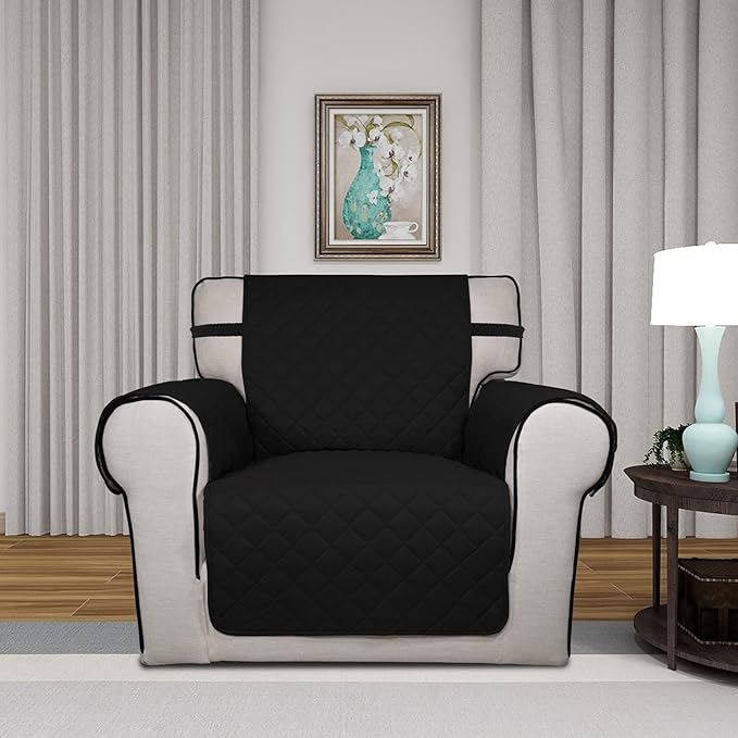 PureFit Reversible Quilted Sofa Cover, Water Resistant Slipcover Furniture Protector, Washable Couch Cover with Non Slip and Elastic Straps for Kids, Pets (Chair, Black/Black)