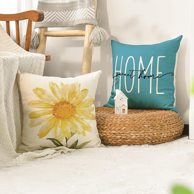 AVOIN colorlife Home Sweet Home Spring Summer Flowers Yellow Throw Pillow Covers, 18 x 18 Inch Blue Cushion Case for Sofa Couch Set of 4