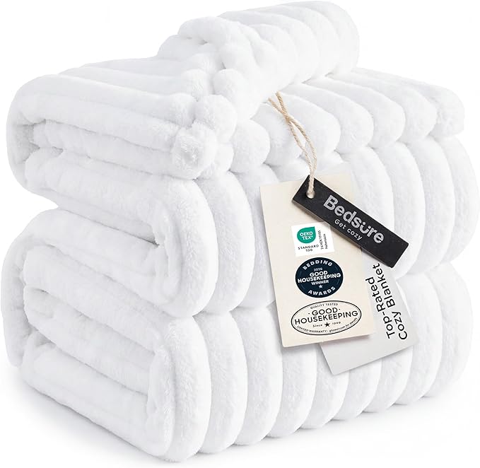 Bedsure GentleSoft White California King Size Blanket for Couch - Cozy Soft Blankets for Women, Cute Small Fleece Throws for Girls, Birthday Gifts for Women, Bright White, 102x96 Inches