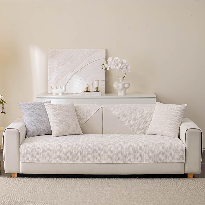 Soft Waterproof Chenille Cover Washable, Non Slip Sectional Sofa Covers for 3 Cushion Couch Sofa L Sharped Sofa Slipcover for Pets, Furniture Protector (1 PCS 36"x63" White)