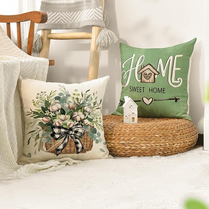 AVOIN colorlife Bless Our Home Farmhouse Eucalyptus Leaves Throw Pillow Covers, 16 x 16 Inch Green Truck Home Sweet Cushion Case Decorations Set of 4