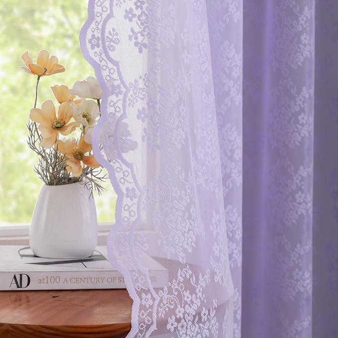 YJ YANJUN Vintage Lace Curtains 84 Inches Long-Victorian Floral Pattern Lavender Sheer Curtain Panels for Living Room Bedroom,Light Filtering, Romantic Girly Drapes 2 Panels 52W x 84L Light Purpel