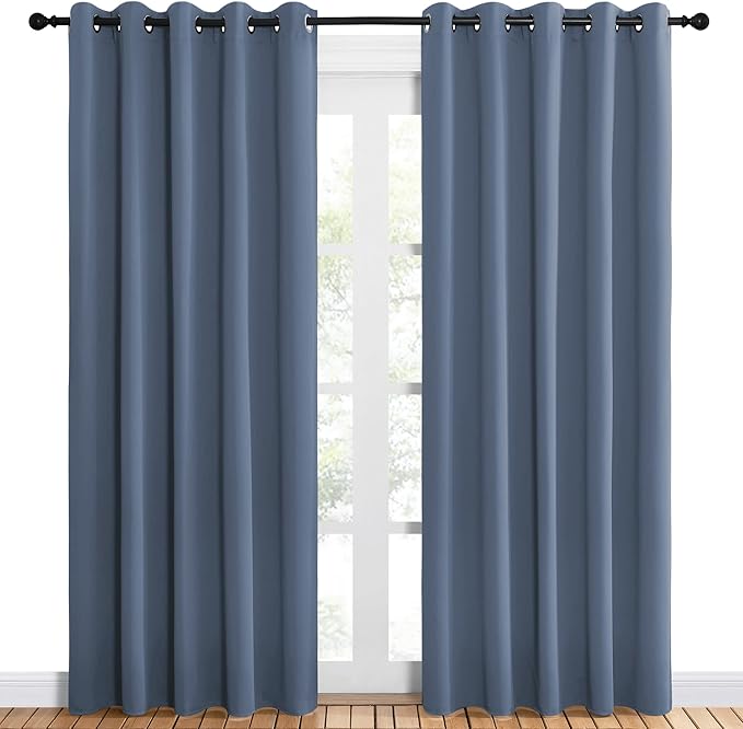 NICETOWN Blackout Draperies 60" W x 84" L Curtains for Kids Room, Window Treatment Thermal Insulated Solid Grommet Blackout Drape Panels for Bedroom (Stone Blue, Set of 2, 60 by 84 inches)