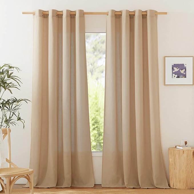 NICETOWN Linen Flax Semi Sheer Curtains 94" Length, Grommet Window Treatments Privacy Added with Light Penetration Vertical Drapes for Loft/Home Office, Camel, W55 x L94, 2 Panels