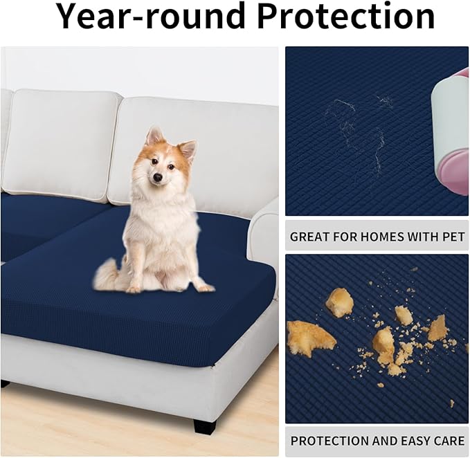 Easy-Going Stretch 4 Pieces Couch Cushion Covers for Sectional Sofa Left/Right L Shape Chaise Lounge Sofa Seat slipcover Anti-Slip Sofa Cover Soft (3 Seater + 1 Chaise, Navy)