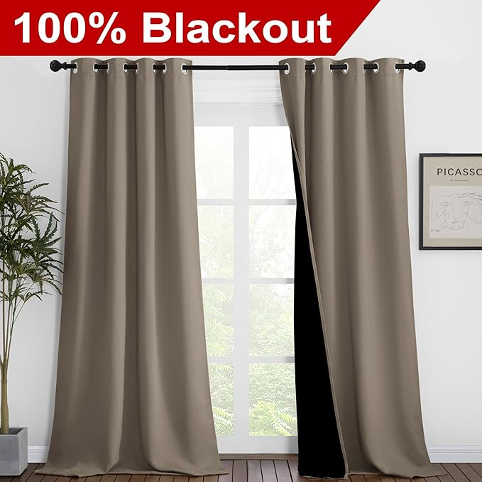 NICETOWN Full Shading Curtains 90 inches Long 2 Panels Set for Windows, Super Heavy-Duty Black Lined Blackout Curtains for Bedroom, Privacy Assured Window Treatment (Taupe, Pack of 2, 52 inches W)