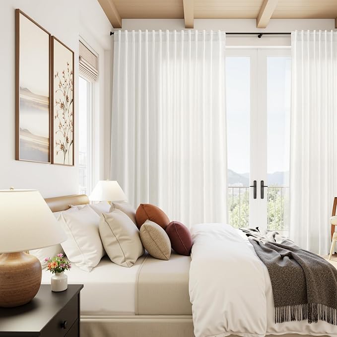 Nanspring Extra Wide Linen Curtains for Living Room Bedroom 84 Inches Long Light Filtering Sheer Curtain for Sliding Door Beige White Farmhouse Decor Drapes Back Tab and Rod Pocket 100x84, 2 Panels