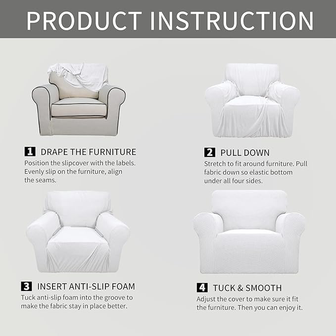 Easy-Going Stretch Oversized Chair Sofa Slipcover 1-Piece Couch Sofa Cover Furniture Protector Soft with Elastic Bottom for Kids Spandex Jacquard Fabric Small Checks Snow White
