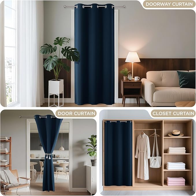 Joydeco Blackout Door Curtain for Doorway Privacy 96 Inches Long, Grommet Closet Curtain for Open Closet, Room Divider for Bedroom Living Room (Navy Blue, 52Wx96L, 1 Panel)