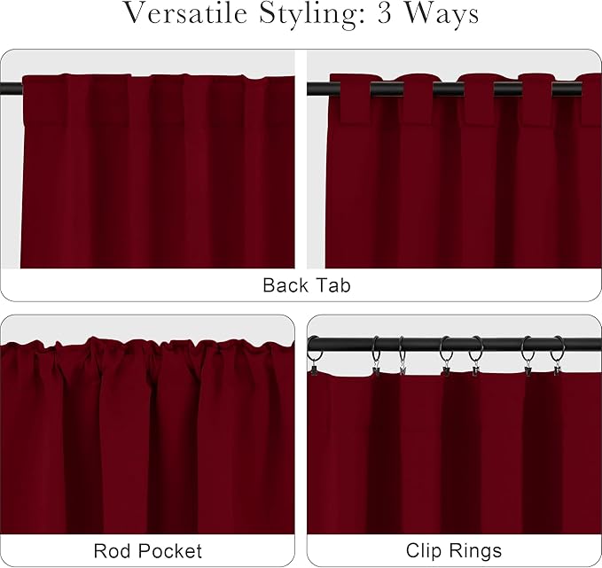 PONY DANCE Bedroom Window Panels - Christmas Decoration Blackout Curtains Elegant Back Tab Slot Pocket Curtains Thermal Insulated Energy Efficient Home Decoration, 42 x 63 inch, Red, One Pair