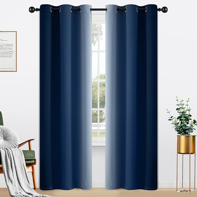 Yakamok Light Blocking Ombre Curtains, Greyish White and Blue Gradient Color Curtains, Room Darkening Grommet Window Drapes for Bedroom(Blue, 42x84 Inch, 2 Panels)