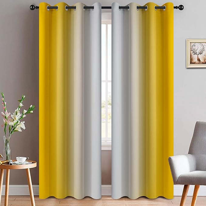 Yakamok Yellow Ombre Curtains 84 Inches Long, Light Blocking Gradient Color Curtain Panels, Room Darkening Grommet Window Drapes for Bedroom(52x84 Inch, 2 Panels)