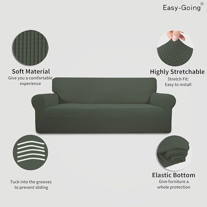 Easy-Going Stretch Sofa Slipcover 1-Piece Sofa Cover Furniture Protector Couch Soft with Elastic Bottom for Kids, Polyester Spandex Jacquard Fabric Small Checks (Sofa, Olive Green)