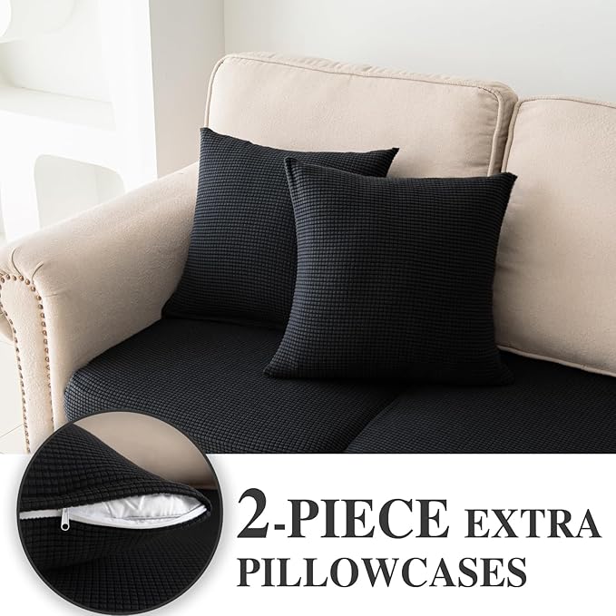 Couch Cushion Covers for Sectional Sofa L Shape Washable Separate Seat Chaise Couch Cover Stretch Sofa Slipcovers with 2 Pcs Pillowcases(2 Seater + 1 Chaise, Black)