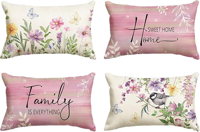 AVOIN colorlife Spring Saying Flowers Butterfly Pink Throw Pillow Covers, 12 x 20 Inch Home Sweet Home Cushion Case for Sofa Couch Set of 4