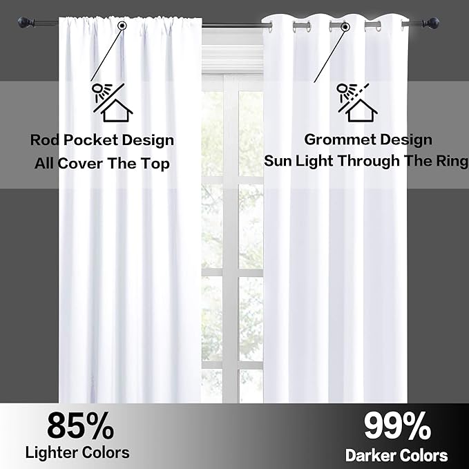 RYB HOME Short Curtains for Bedroom, Room Darkening Insulated Summer Heat Light UV Blocking Energy Saving Drapes for Nursery, Width 34 by Length 48, Pure White, Set of 2