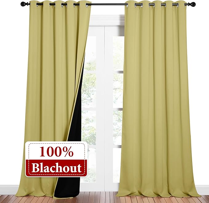 NICETOWN Total Shade Curtains and Draperies, Heavy-Duty Full Light Shading Drapes with Black Liner Backing for Villa/Hall/Dorm Window（Paler Yellow, Package of 2 Panels, 62 inches Wide x 95 inches Long