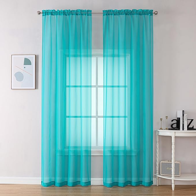 OVZME Turquoise Sheer Curtains 90 Inches Long 2 Panels - Soft Light Filtering Window Sheer Panels for Living Room/Bedroom, Top Dual Rod Pocket, 1 Pair, Each 42Wx90L Inches