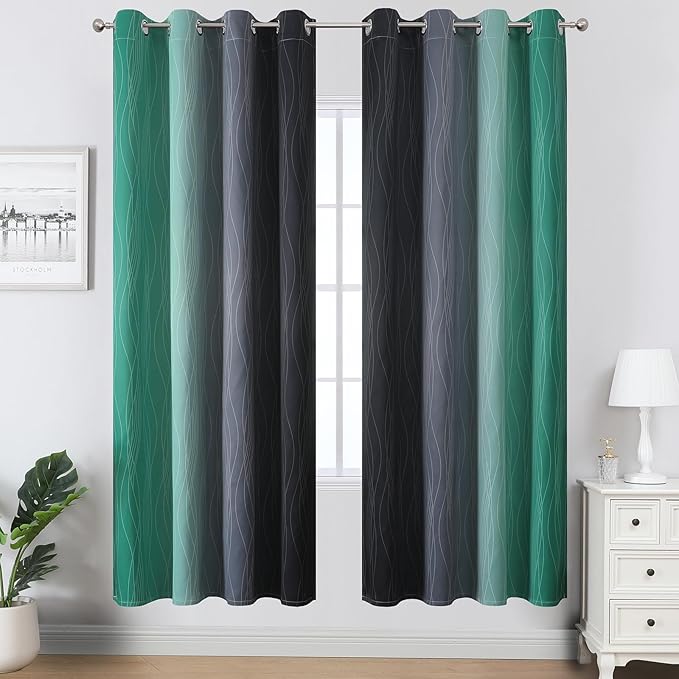 Estelar Textiler Black and Green Ombre Blackout Curtains for Living Room,Energy Efficient Room Darkening Drapes, Grommet Thermal Insulated Window Treatments for Bedroom,52Wx72L,2 Panels