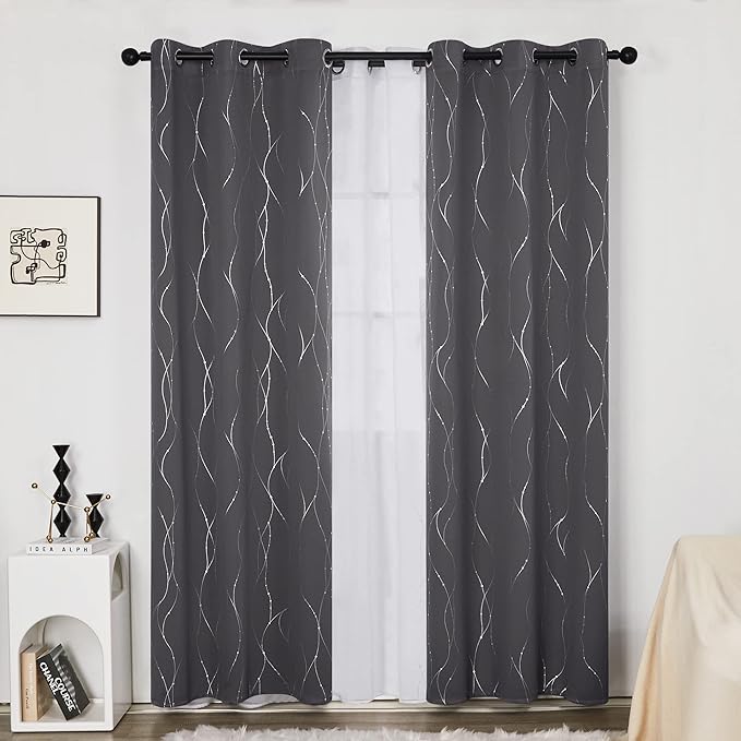 Deconovo Gray Curtains for Living Room, Blackout Drapes, Protect Pravicy Thermal Insulated Soundproof Window Drape, Wave Dots Foil Print, 38 x 90 Inch, Set of 2 Panels for Bedroom Apartment Nursery