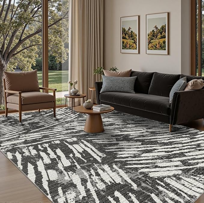 Latte&Fog 6x9 Area Rugs for Living Room Bedroom, Modern Abstract Washable Rug, Boho Non Slip Low Pile Carpet for Indoor Dining Room,Dorm, Classroom, College Dorm,Farmhouse and Kids Room - Black White