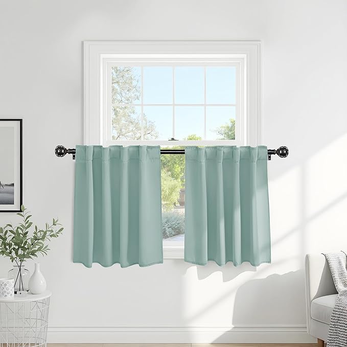 PONY DANCE Blackout Curtains Short - Bedroom Window Draperies Energy Efficient Thermal Insulated Back Tab/Rod Pocket Curtain Panels/Window Treatments for Kitchen, 42 W x 36 L, Mint Green, 2 Pieces