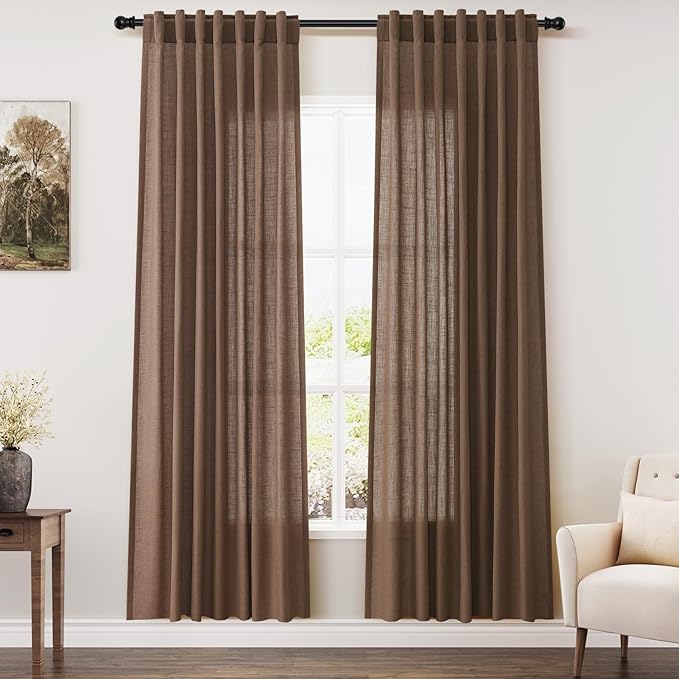 Nanspring Caramel Brown Linen Semi Sheer Curtains 72 Inches Long 2 Panels Set for Bedroom Back Tab Rod Pocket Light Filtering Privacy Drapes Cotton Textured Farmhouse Living Room Curtain 52X72