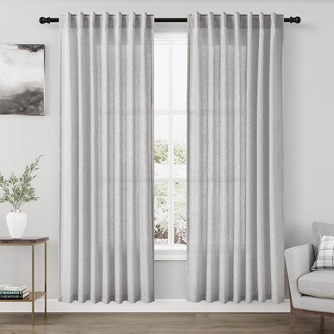 Nanspring Grey Linen Curtains 80 Inches Length for Living Room Back Tab Rod Pocket Semi Sheer Linen Drapes Muted Neutral Boho Grey Linen Textured Window Curtain for Dining Room Bedroom 52X80 Inch