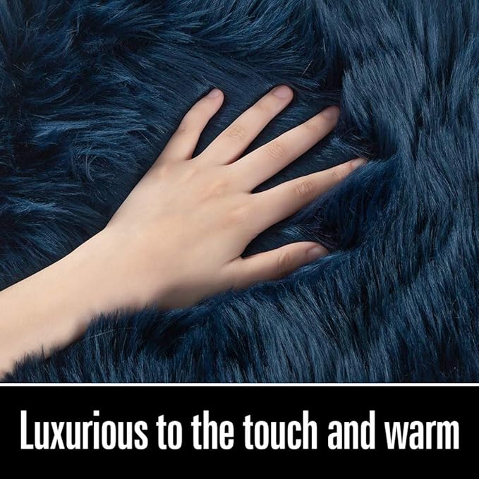 LOCHAS Soft Fluffy Faux Fur Rugs for Bedroom Bedside Rug 2x3 Feet, Washable, Furry Sheepskin Area Rug for Living Room Girls Room, Luxury Shag Carpet Home Decor, Light Navy