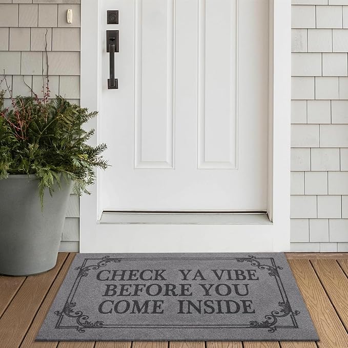 Doormat Home Decor Funny Doormat Check Ya Vibe Before You Come Inside This House Monogram Doormats Indoor Outdoor Rubber Welcome Mat Non-Slip Backing Entry Way Mats 28" x 18" Light Gray