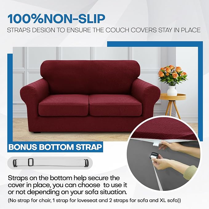 XINEAGE 2026 New 4 Pieces Extra Large Couch Covers for 3 Cushion Sofa Super Stretch Sofa Cover for 3 Large Seat Cushion Universal Fitted Slip Cover for Living Room (Wine Red), 91"-110"(3 Cushions)